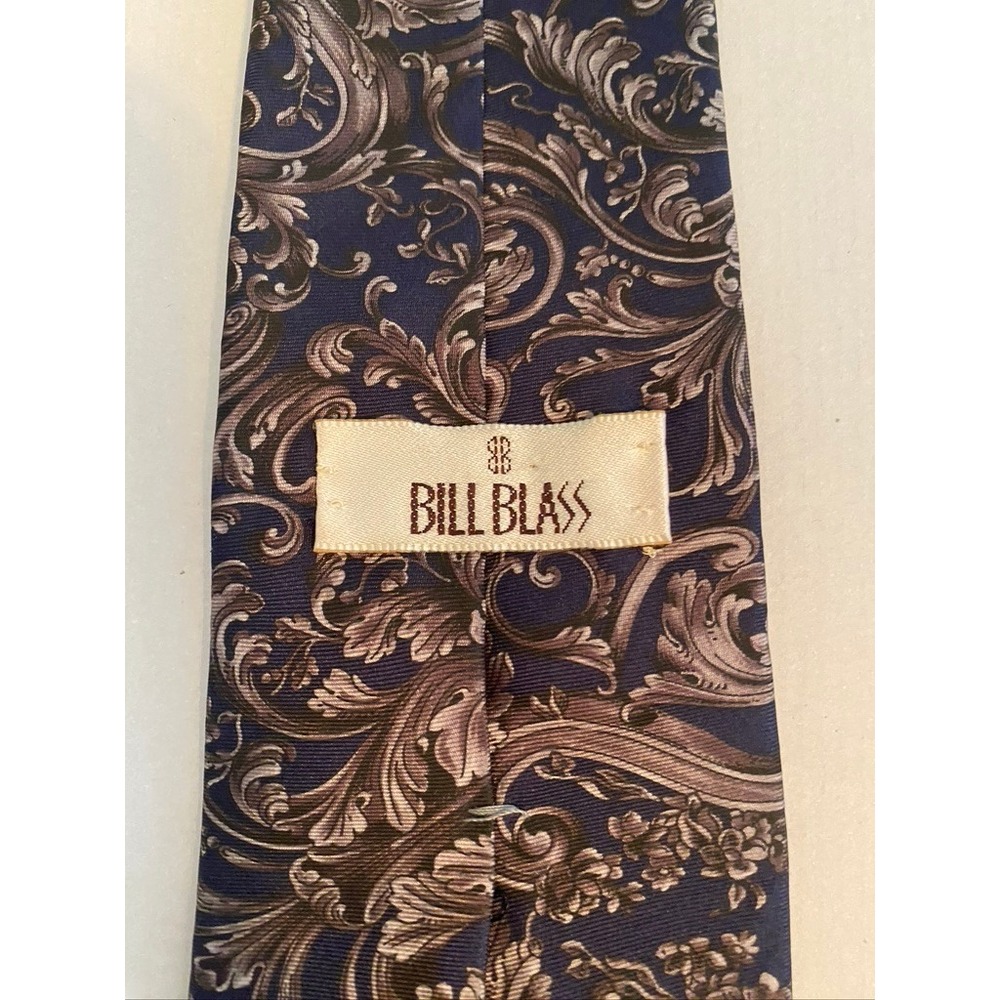 Bill Blass Mens Silk Tie Navy Blue Bronze Acanthus Leaf Scroll Baroque Made  USA